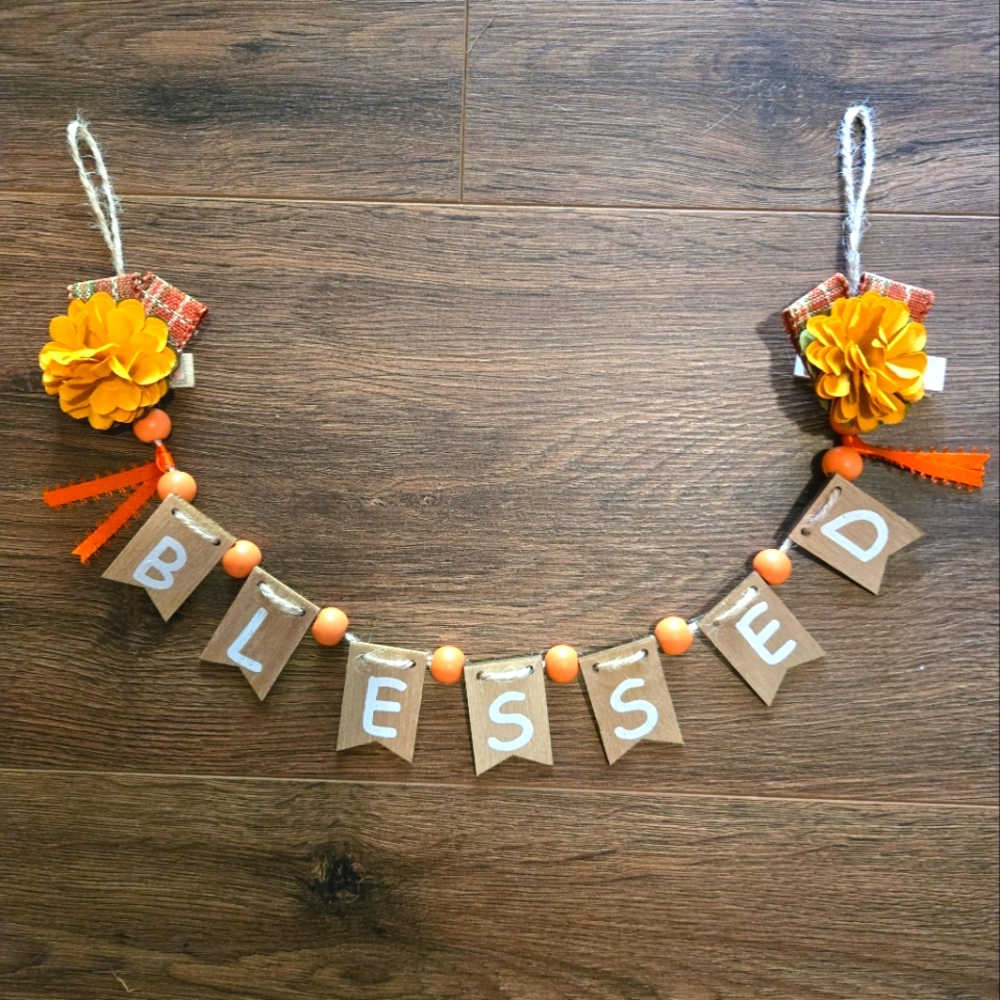 Handmade Blessed Autumn Fall Mums Bow Garland Decor Rustic Country Home Office